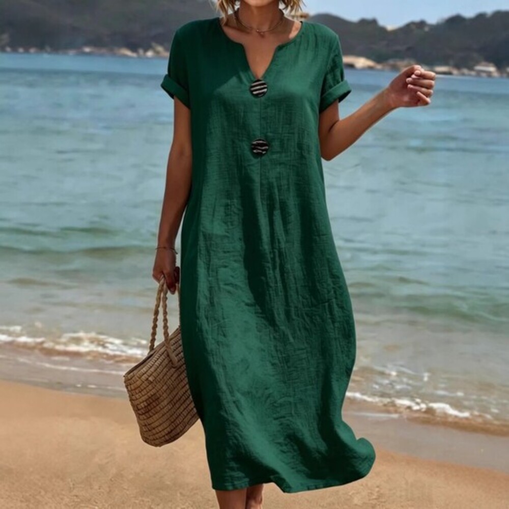Women's Green V-Neck Short-Sleeve Relaxed Linen-Look Maxi Dress